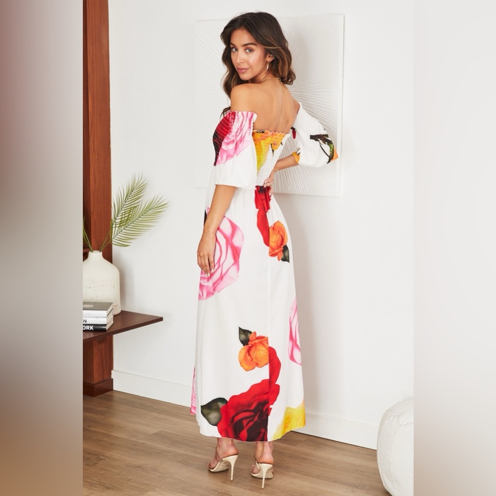 (7814-ROSES) ROSE PRINT SMOCKED OFF THE SHOULDER MAXI DRESS - Picture 3 of 3
